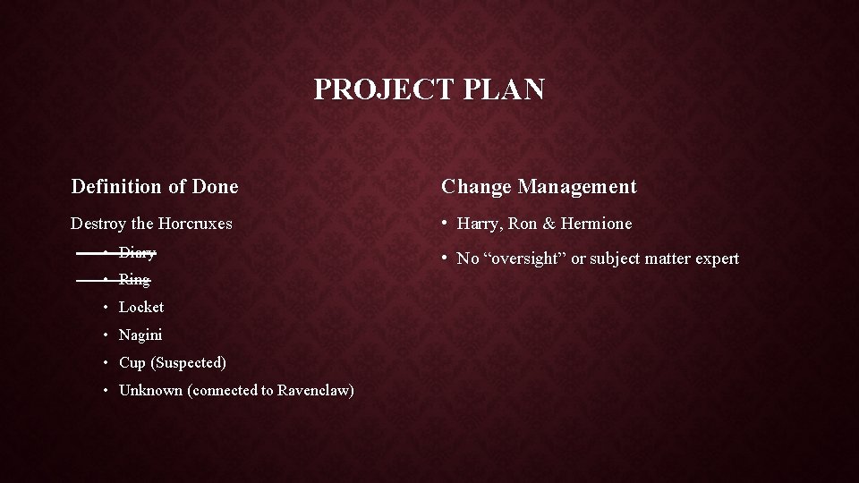 PROJECT PLAN Definition of Done Change Management Destroy the Horcruxes • Harry, Ron &