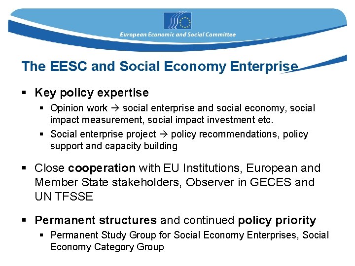The EESC and Social Economy Enterprise § Key policy expertise § Opinion work social