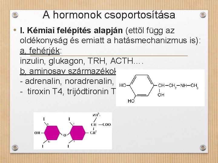 A hormonok csoportosítása • I. Kémiai felépítés alapján (ettől függ az oldékonyság és emiatt