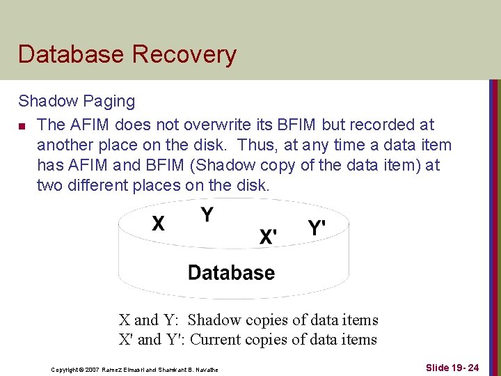 Database Recovery Shadow Paging n The AFIM does not overwrite its BFIM but recorded