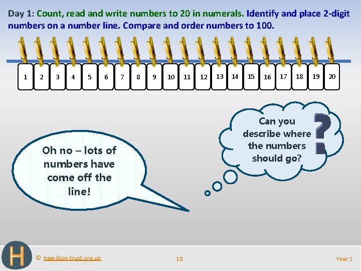 Day 1: Count, read and write numbers to 20 in numerals. Identify and place