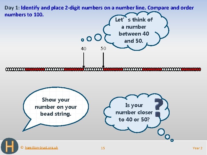 Day 1: Identify and place 2 -digit numbers on a number line. Compare and