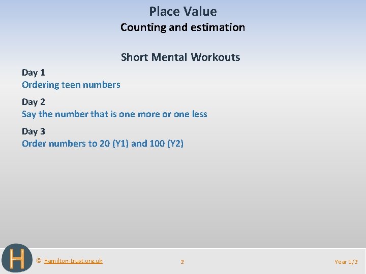 Place Value Counting and estimation Short Mental Workouts Day 1 Ordering teen numbers Day
