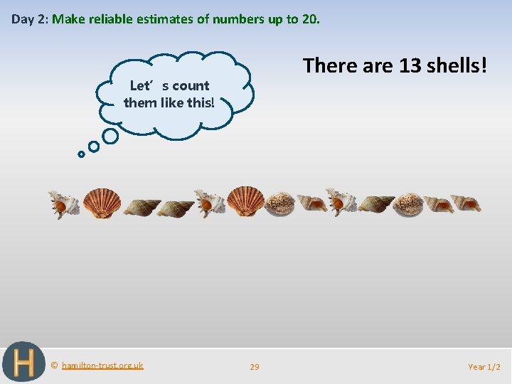 Day 2: Make reliable estimates of numbers up to 20. There are 13 shells!