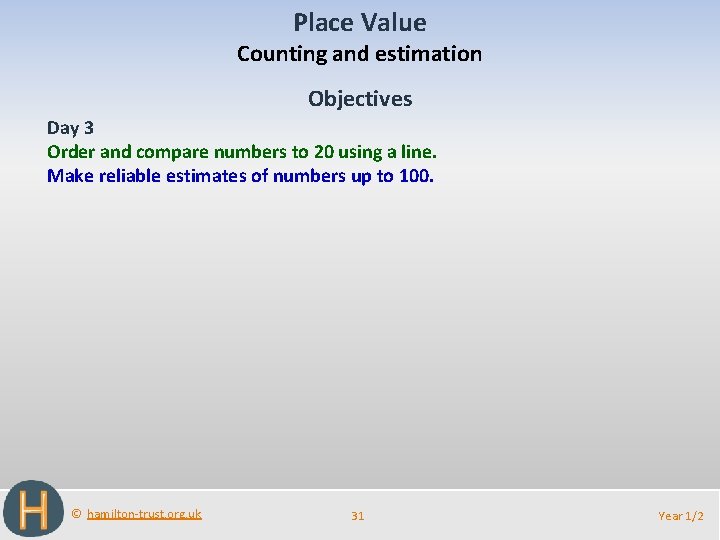 Place Value Counting and estimation Objectives Day 3 Order and compare numbers to 20