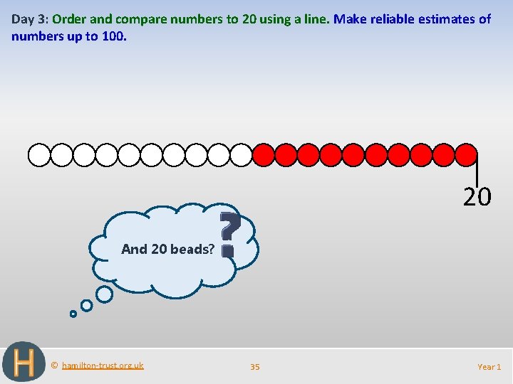 Day 3: Order and compare numbers to 20 using a line. Make reliable estimates