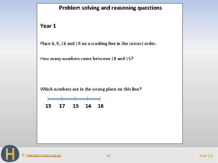 Problem solving and reasoning questions Year 1 Place 6, 9, 16 and 19 on