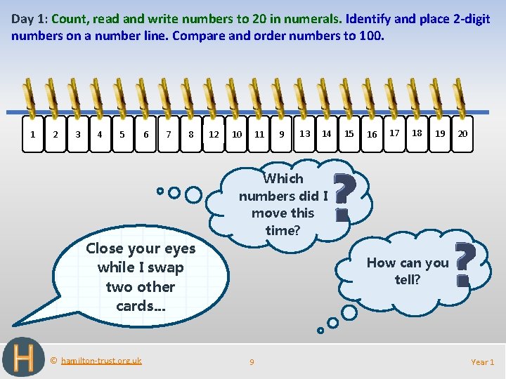 Day 1: Count, read and write numbers to 20 in numerals. Identify and place