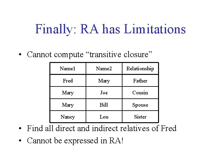 Finally: RA has Limitations • Cannot compute “transitive closure” Name 1 Name 2 Relationship