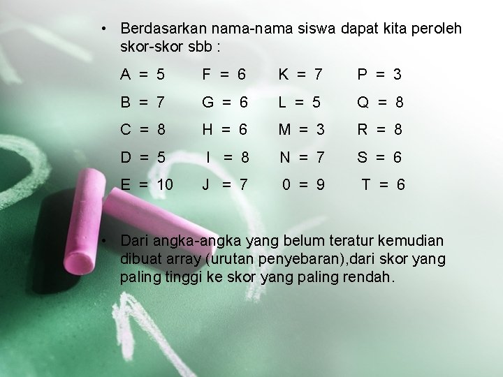  • Berdasarkan nama-nama siswa dapat kita peroleh skor-skor sbb : A = 5