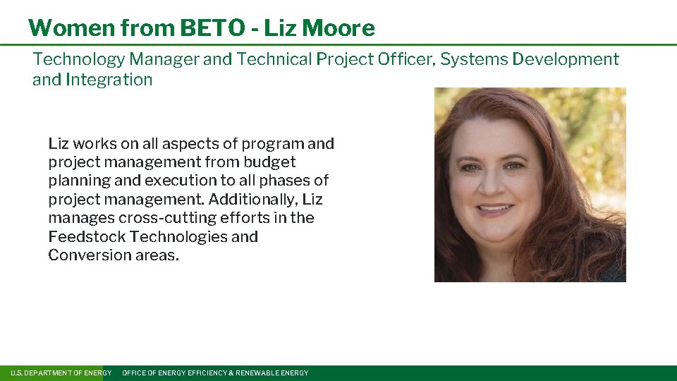 Women from BETO - Liz Moore Technology Manager and Technical Project Officer, Systems Development