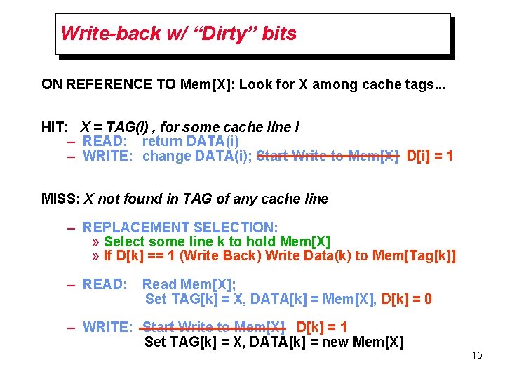 Write-back w/ “Dirty” bits ON REFERENCE TO Mem[X]: Look for X among cache tags.