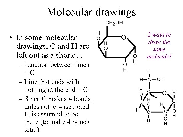 Molecular drawings • In some molecular drawings, C and H are left out as