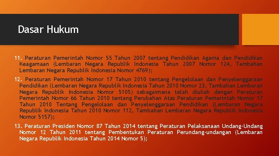 Dasar Hukum 11. Peraturan Pemerintah Nomor 55 Tahun 2007 tentang Pendidikan Agama dan Pendidikan