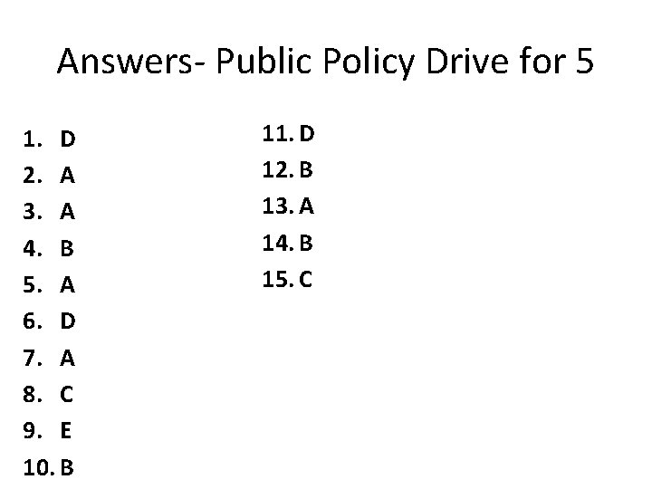 Answers- Public Policy Drive for 5 1. D 2. A 3. A 4. B