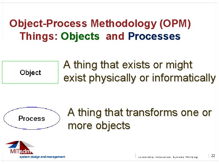 Object-Process Methodology (OPM) Things: Objects and Processes A thing that exists or might exist