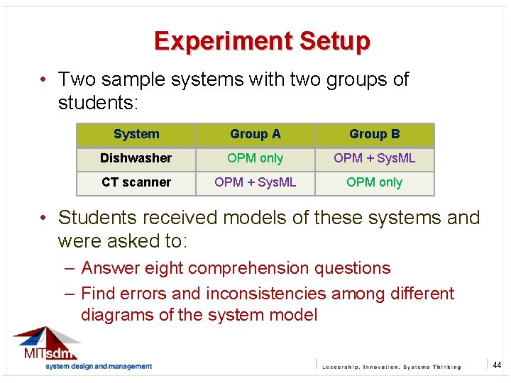 Experiment Setup 44 • Two sample systems with two groups of students: System Group