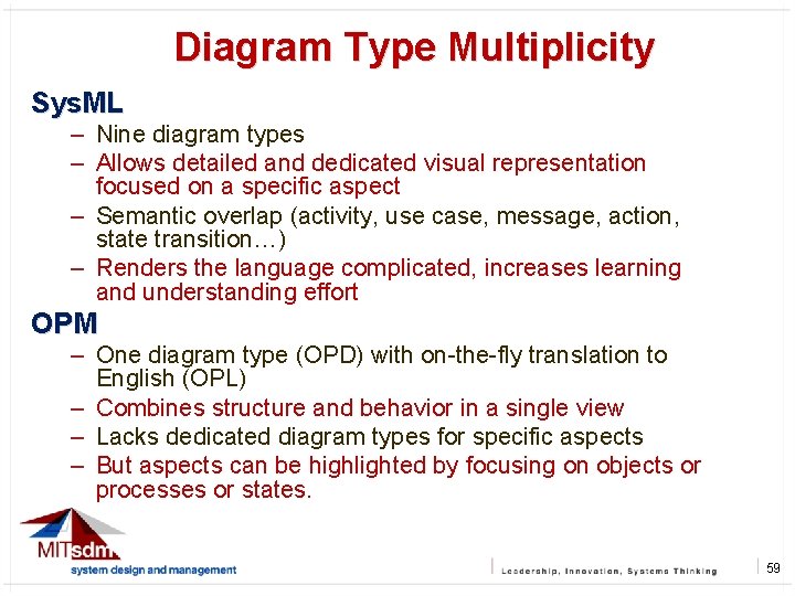 Diagram Type Multiplicity Sys. ML 59 – Nine diagram types – Allows detailed and
