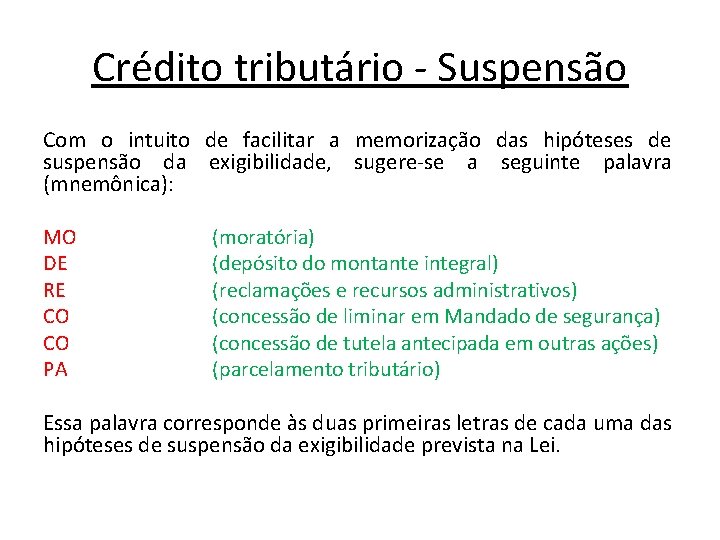 Crédito tributário - Suspensão Com o intuito de facilitar a memorização das hipóteses de