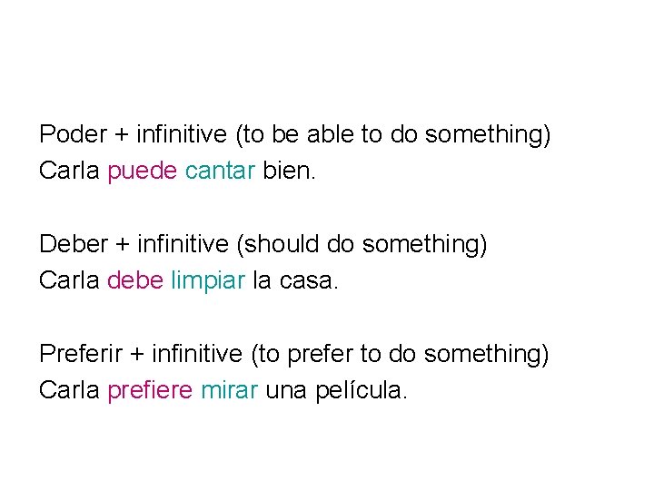 Poder + infinitive (to be able to do something) Carla puede cantar bien. Deber