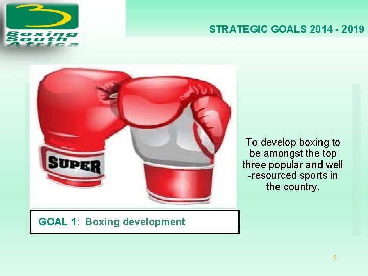 STRATEGIC GOALS 2014 - 2019 To develop boxing to be amongst the top three