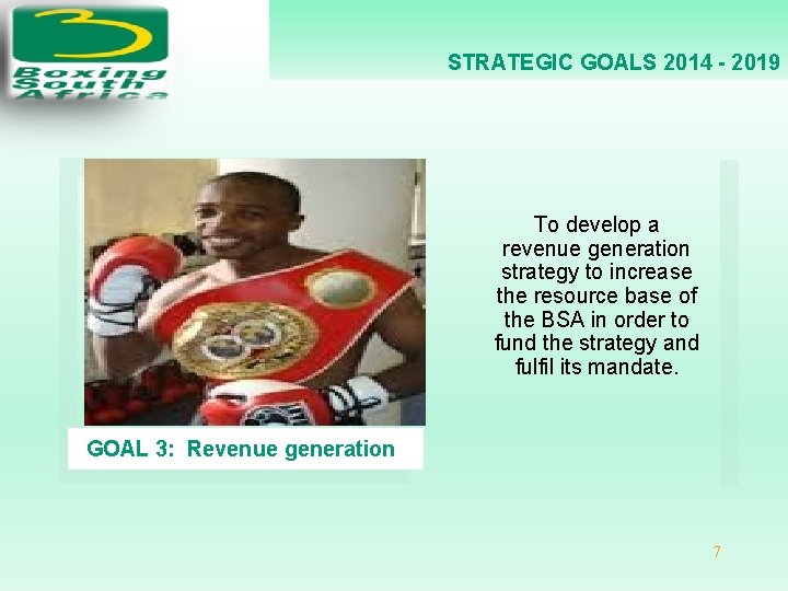 STRATEGIC GOALS 2014 - 2019 To develop a revenue generation strategy to increase the