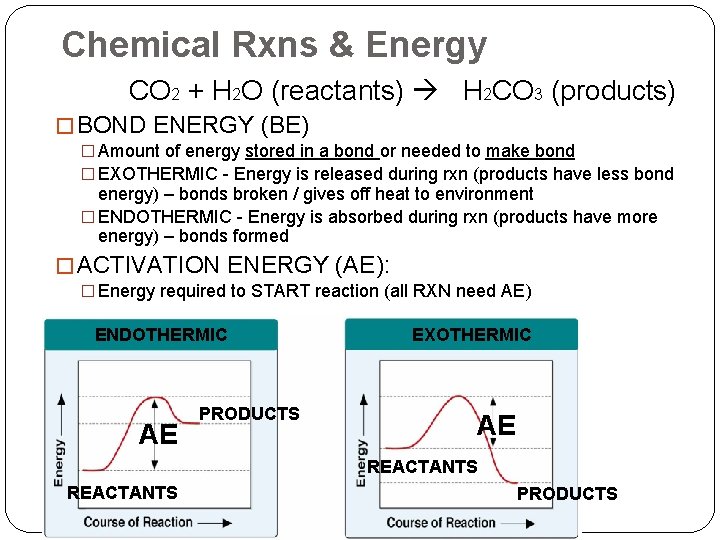Chemical Rxns & Energy CO 2 + H 2 O (reactants) H 2 CO