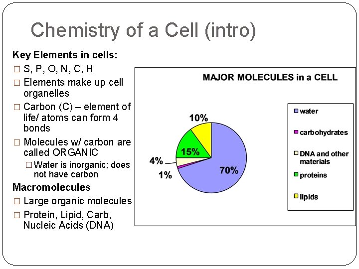 Chemistry of a Cell (intro) Key Elements in cells: � S, P, O, N,