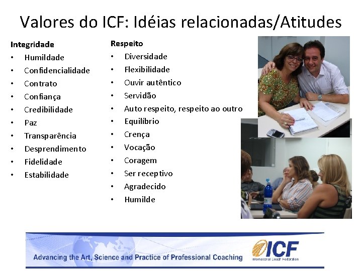 Valores do ICF: Idéias relacionadas/Atitudes Integridade • Humildade • Confidencialidade • Contrato • Confiança