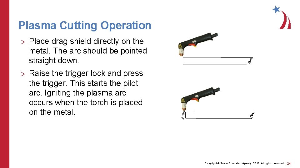 Plasma Cutting Operation > Place drag shield directly on the metal. The arc should