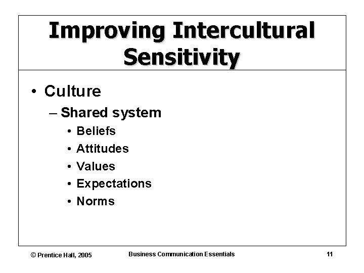 Improving Intercultural Sensitivity • Culture – Shared system • • • Beliefs Attitudes Values