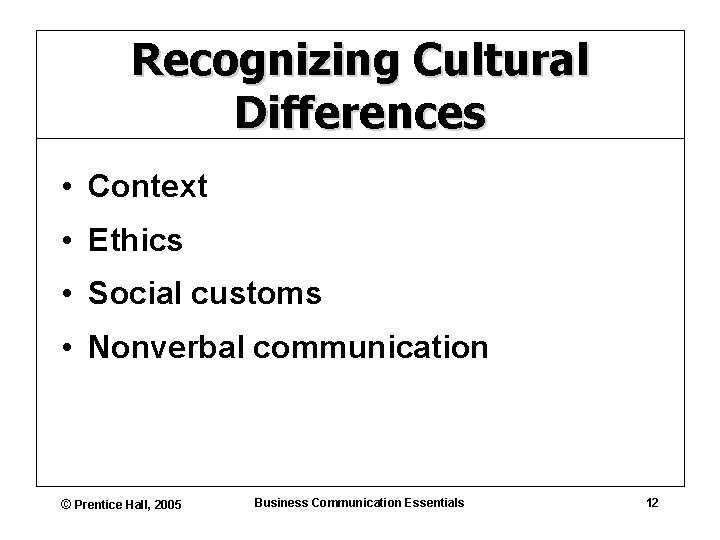 Recognizing Cultural Differences • Context • Ethics • Social customs • Nonverbal communication ©