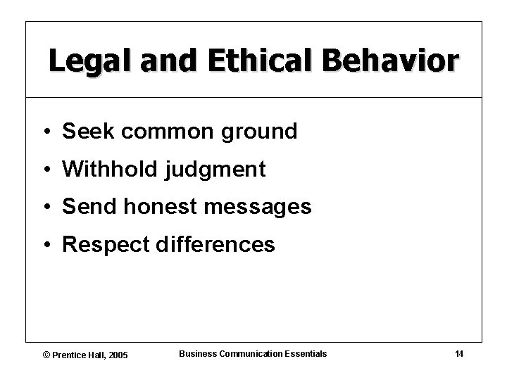 Legal and Ethical Behavior • Seek common ground • Withhold judgment • Send honest