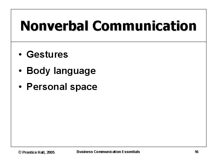 Nonverbal Communication • Gestures • Body language • Personal space © Prentice Hall, 2005