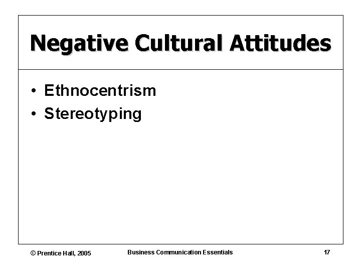 Negative Cultural Attitudes • Ethnocentrism • Stereotyping © Prentice Hall, 2005 Business Communication Essentials