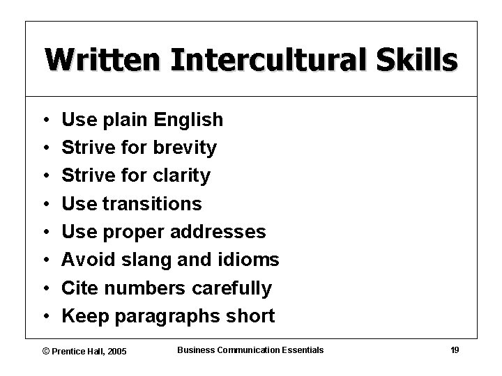 Written Intercultural Skills • • Use plain English Strive for brevity Strive for clarity