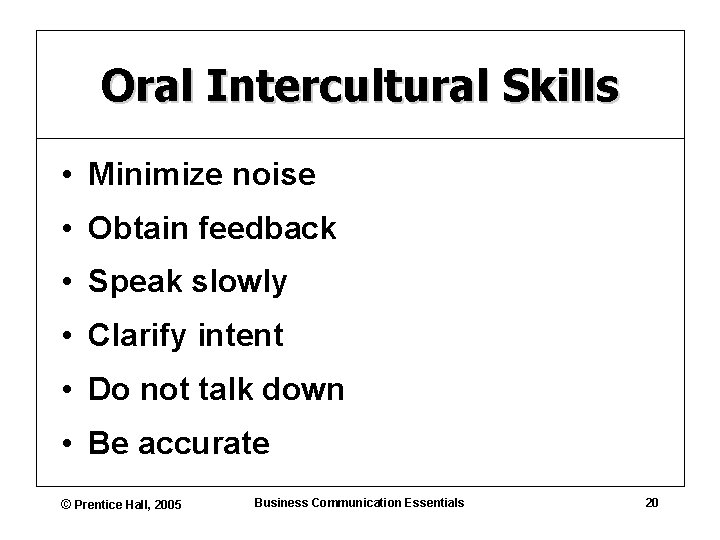 Oral Intercultural Skills • Minimize noise • Obtain feedback • Speak slowly • Clarify
