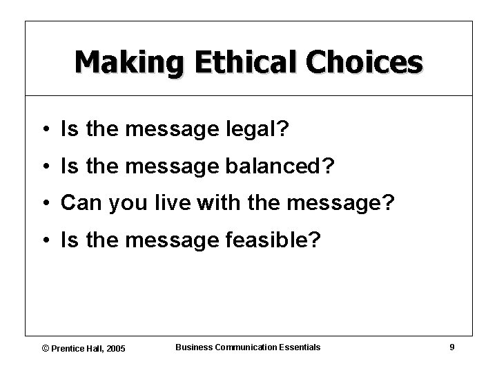 Making Ethical Choices • Is the message legal? • Is the message balanced? •