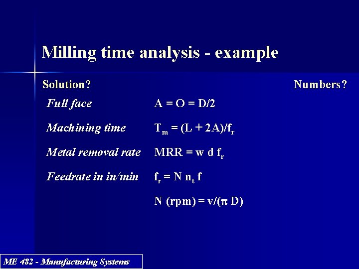 Milling time analysis - example Solution? Numbers? Full face A = O = D/2