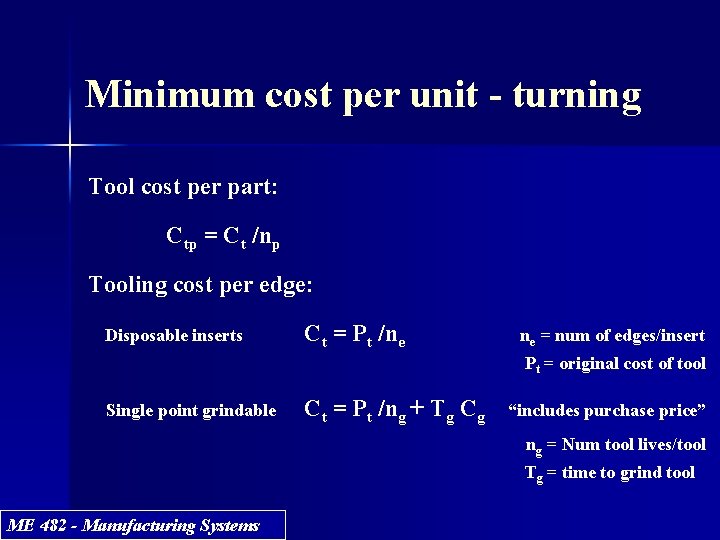 Minimum cost per unit - turning Tool cost per part: Ctp = Ct /np