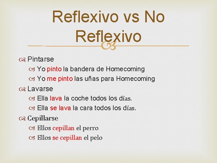 Reflexivo vs No Reflexivo Pintarse Yo pinto la bandera de Homecoming Yo me pinto