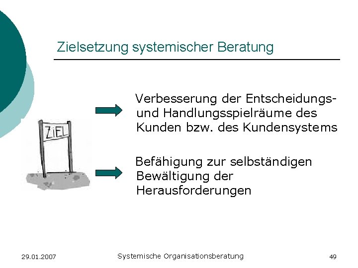 Zielsetzung systemischer Beratung Verbesserung der Entscheidungsund Handlungsspielräume des Kunden bzw. des Kundensystems Befähigung zur