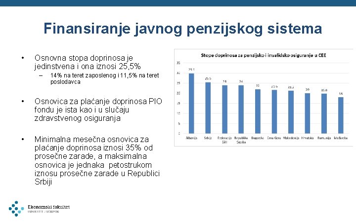 Finansiranje javnog penzijskog sistema • Osnovna stopa doprinosa je jedinstvena i ona iznosi 25,