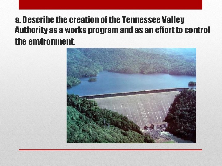 a. Describe the creation of the Tennessee Valley Authority as a works program and