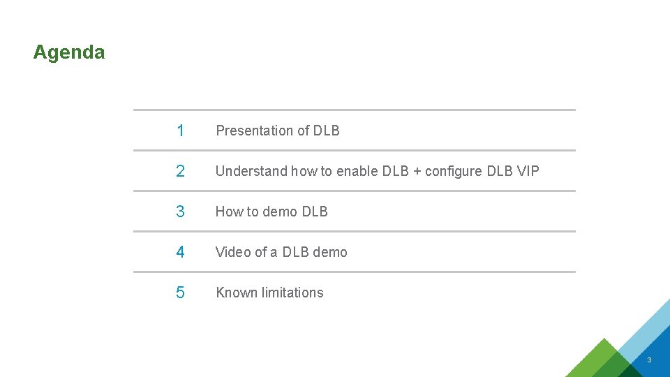 Agenda 1 Presentation of DLB 2 Understand how to enable DLB + configure DLB Agenda 1 Presentation of DLB 2 Understand how to enable DLB + configure DLB