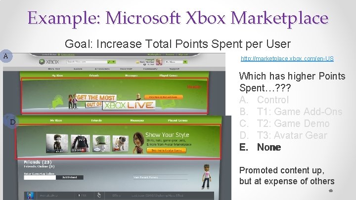 Example: Microsoft Xbox Marketplace A Goal: Increase Total Points Spent per User http: //marketplace.