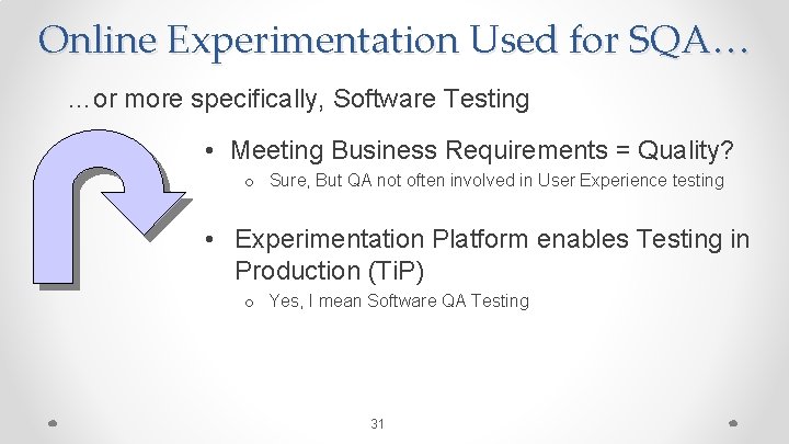 Online Experimentation Used for SQA… …or more specifically, Software Testing • Meeting Business Requirements