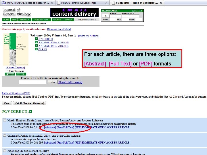 For each article, there are three options: [Abstract], [Full Text] or [PDF] formats. 