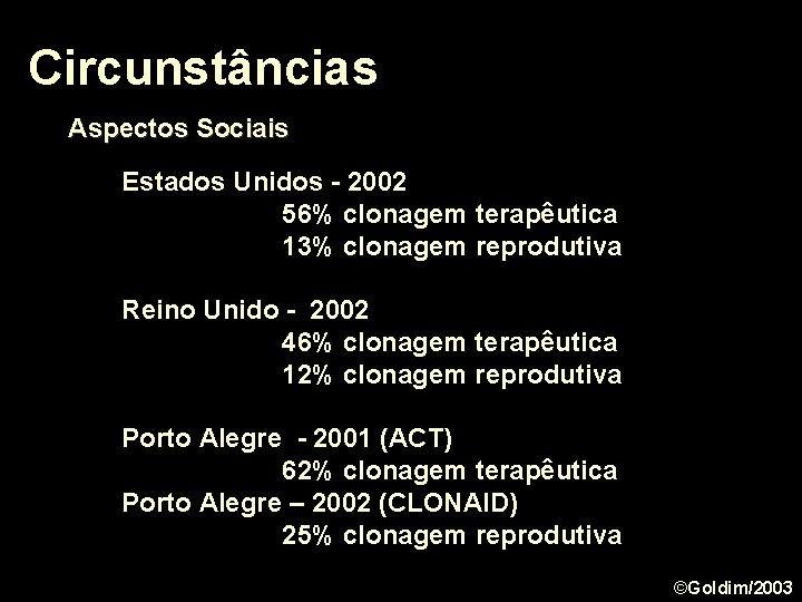 Circunstâncias Aspectos Sociais Estados Unidos - 2002 56% clonagem terapêutica 13% clonagem reprodutiva Reino