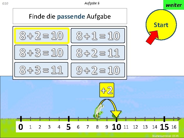 Aufgabe 5 weiter Finde die passende Aufgabe 8 + 2 = 10 8 +